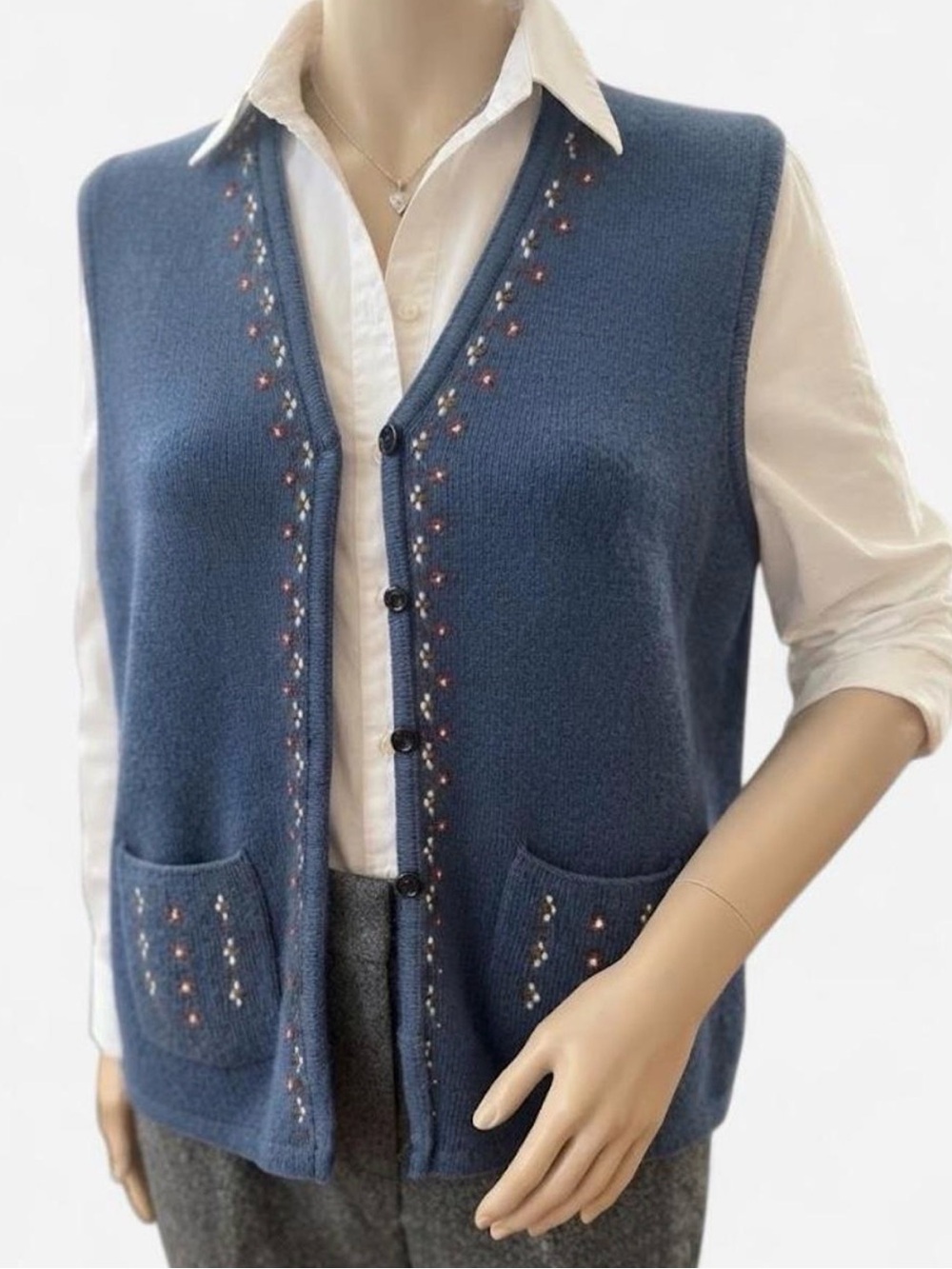 Blue Embroidered V-Neck Button Vest Sweater - Women